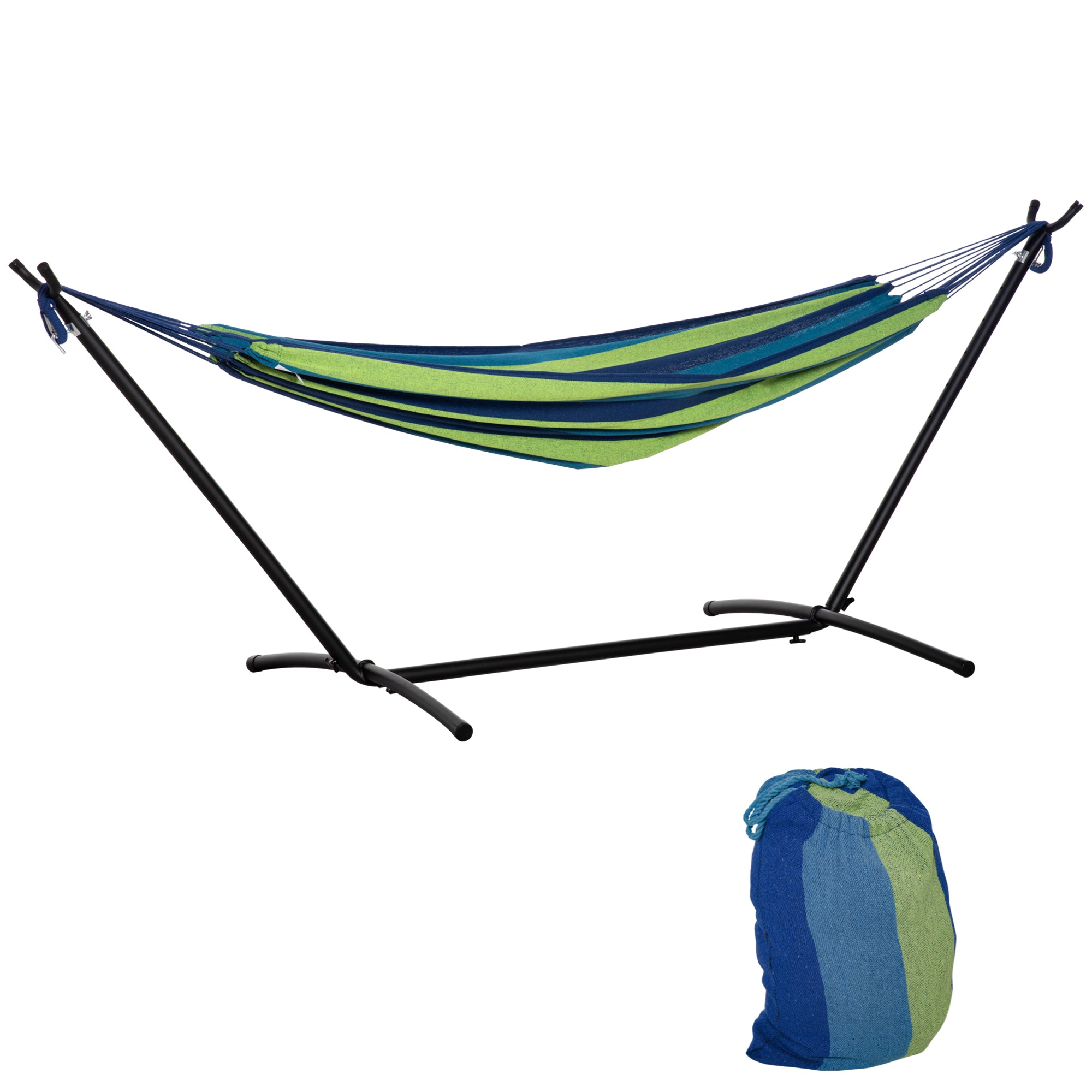 Hammock with Stand 310x117 cm Portable Camping Hammock with Adjustable Height Carry Bag 264 lbs Load Capacity for Patio Terrace Striped Green and Blue