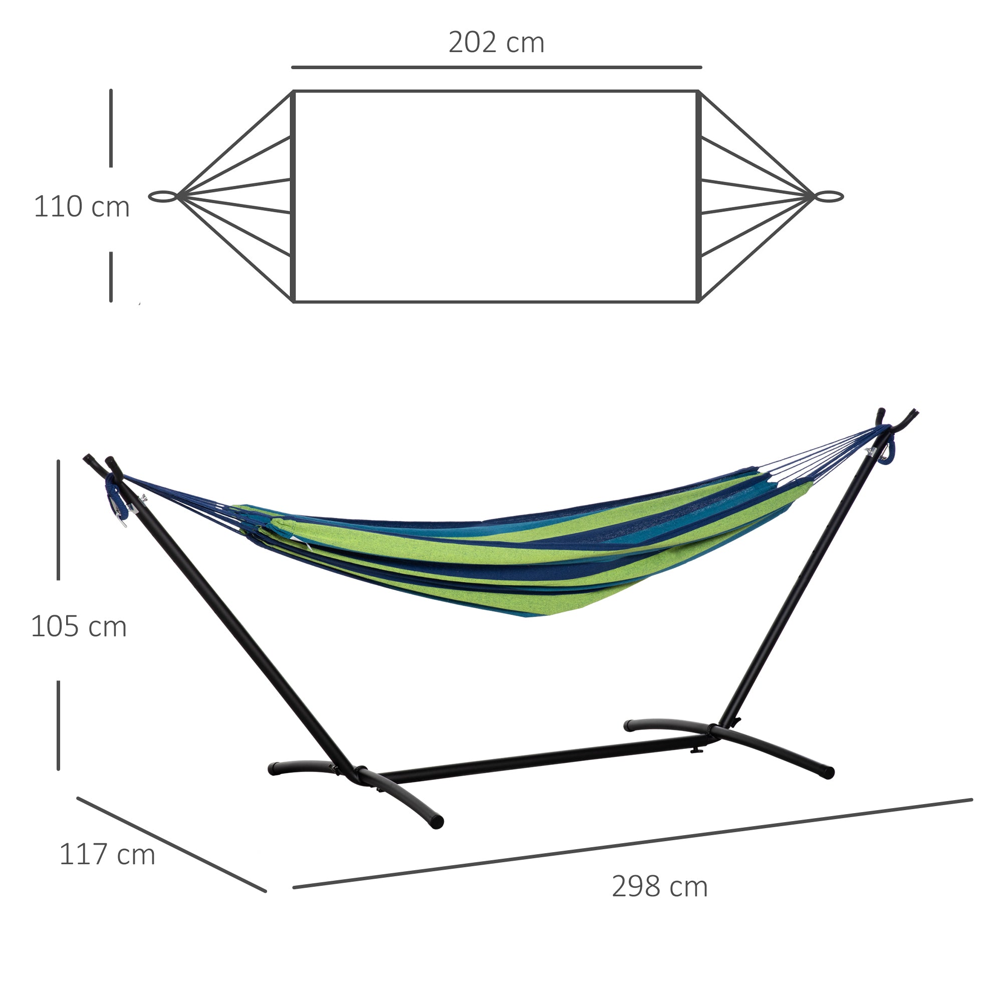 Hammock with Stand 310x117 cm Portable Camping Hammock with Adjustable Height Carry Bag 264 lbs Load Capacity for Patio Terrace Striped Green and Blue