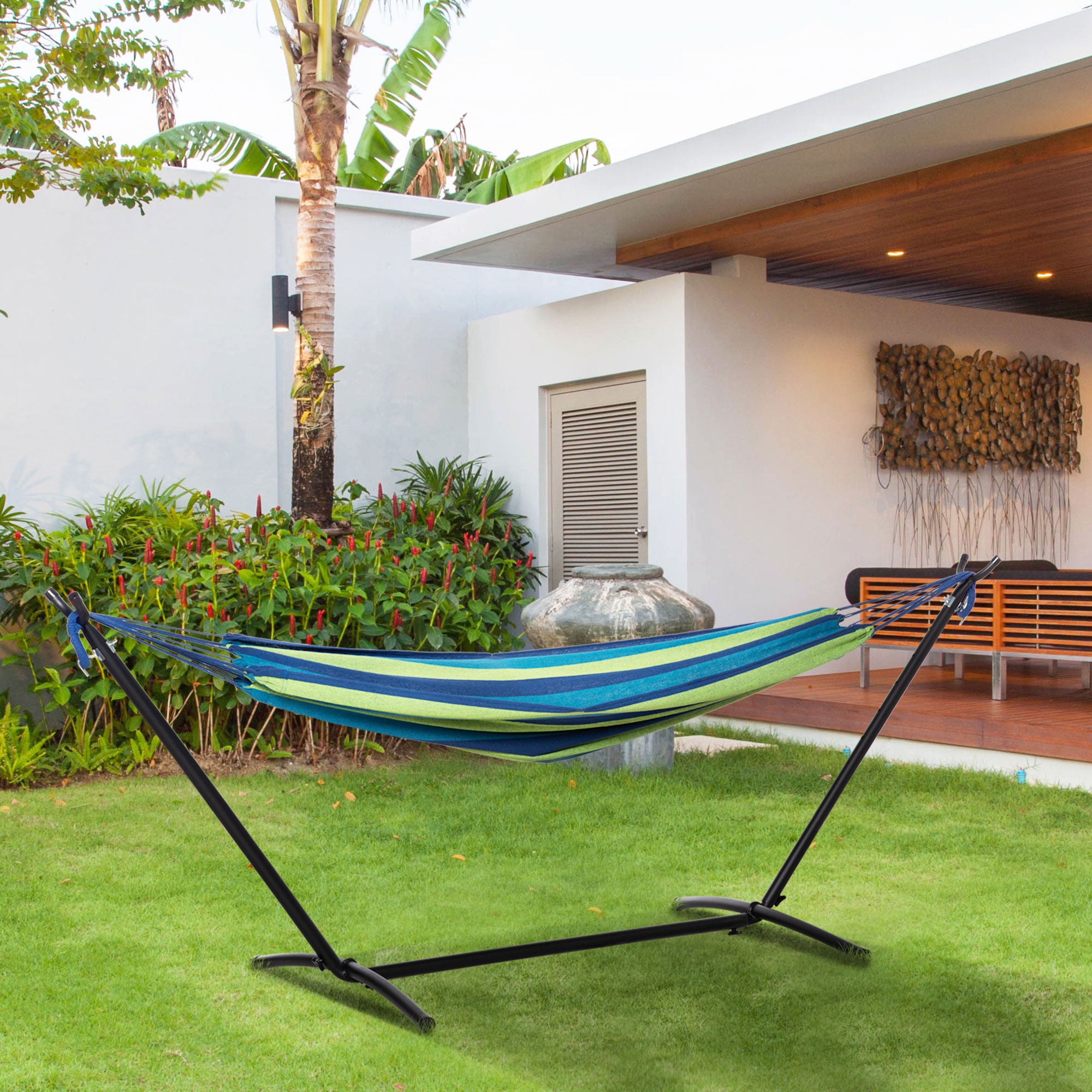 Hammock with Stand 310x117 cm Portable Camping Hammock with Adjustable Height Carry Bag 264 lbs Load Capacity for Patio Terrace Striped Green and Blue