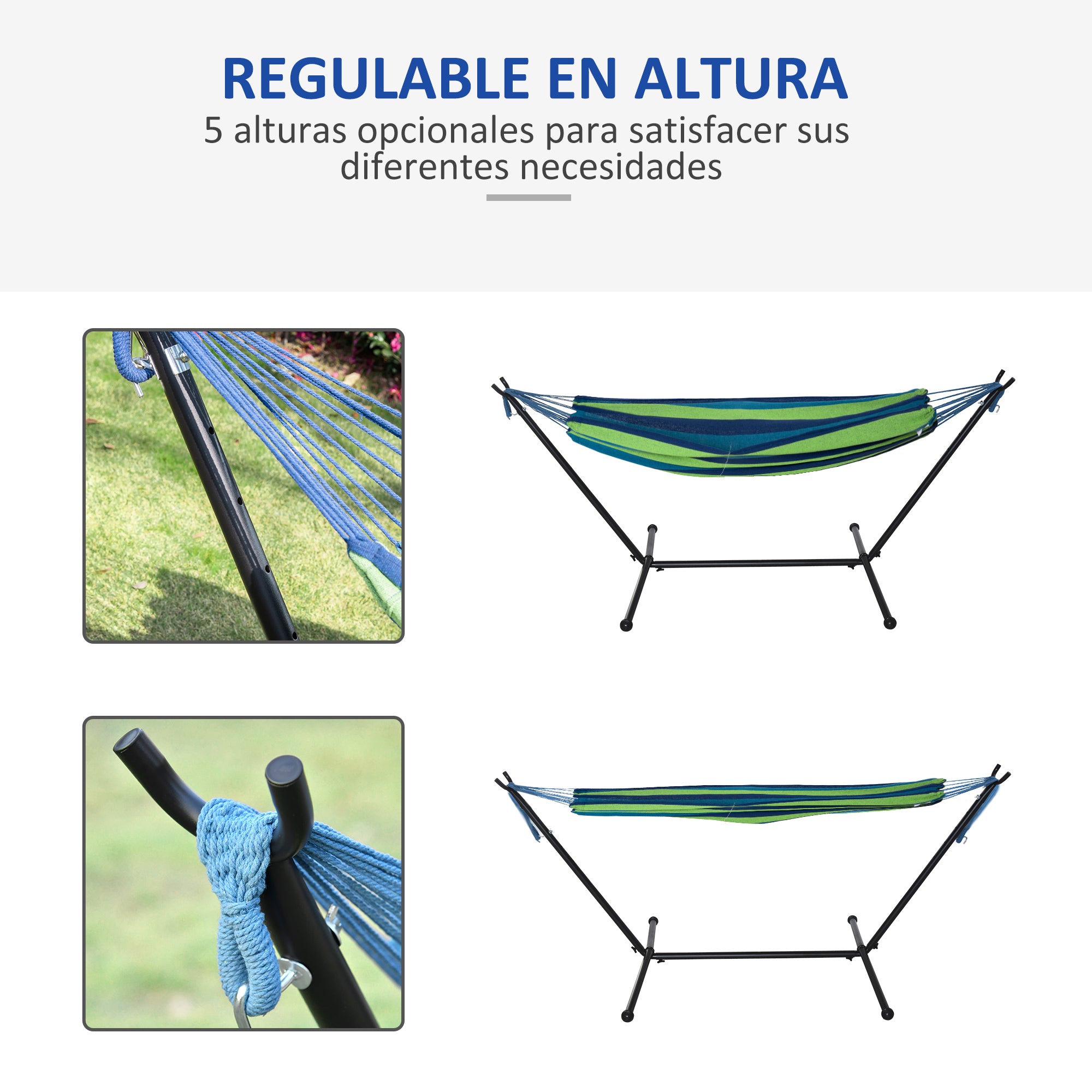 Hammock with Stand 310x117 cm Portable Camping Hammock with Adjustable Height Carry Bag 264 lbs Load Capacity for Patio Terrace Striped Green and Blue