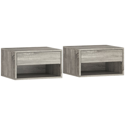 Set of 2 Floating Wall Nightstands with Sliding Drawer & Open Shelf, Modern Gray — 14.6 x 12.6 x 8.3 in