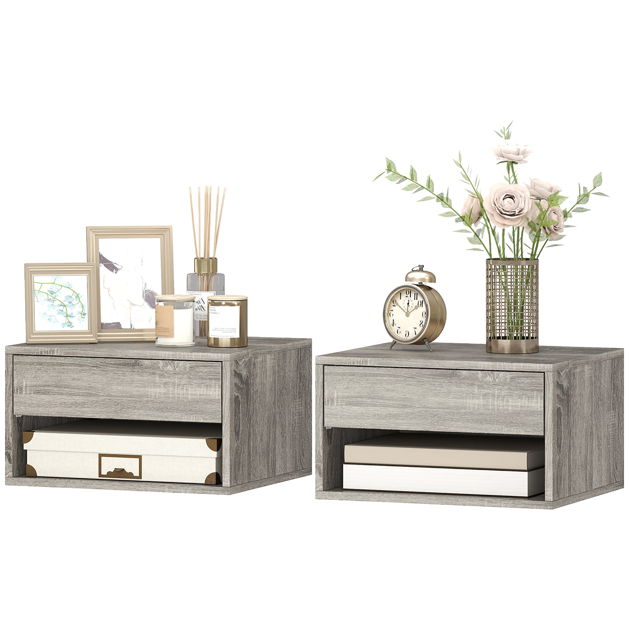 Set of 2 Floating Wall Nightstands with Sliding Drawer & Open Shelf, Modern Gray — 14.6 x 12.6 x 8.3 in