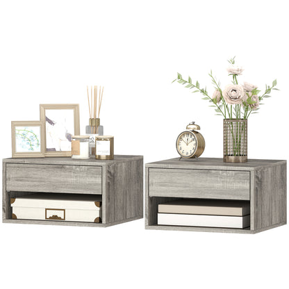 Set of 2 Floating Wall Nightstands with Sliding Drawer & Open Shelf, Modern Gray — 14.6 x 12.6 x 8.3 in