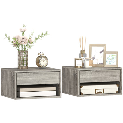 Set of 2 Floating Wall Nightstands with Sliding Drawer & Open Shelf, Modern Gray — 14.6 x 12.6 x 8.3 in