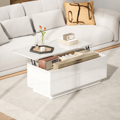 Height-Adjustable Coffee Table with Lift-Top, 2 Drawers & Hidden Compartment — High-Gloss White