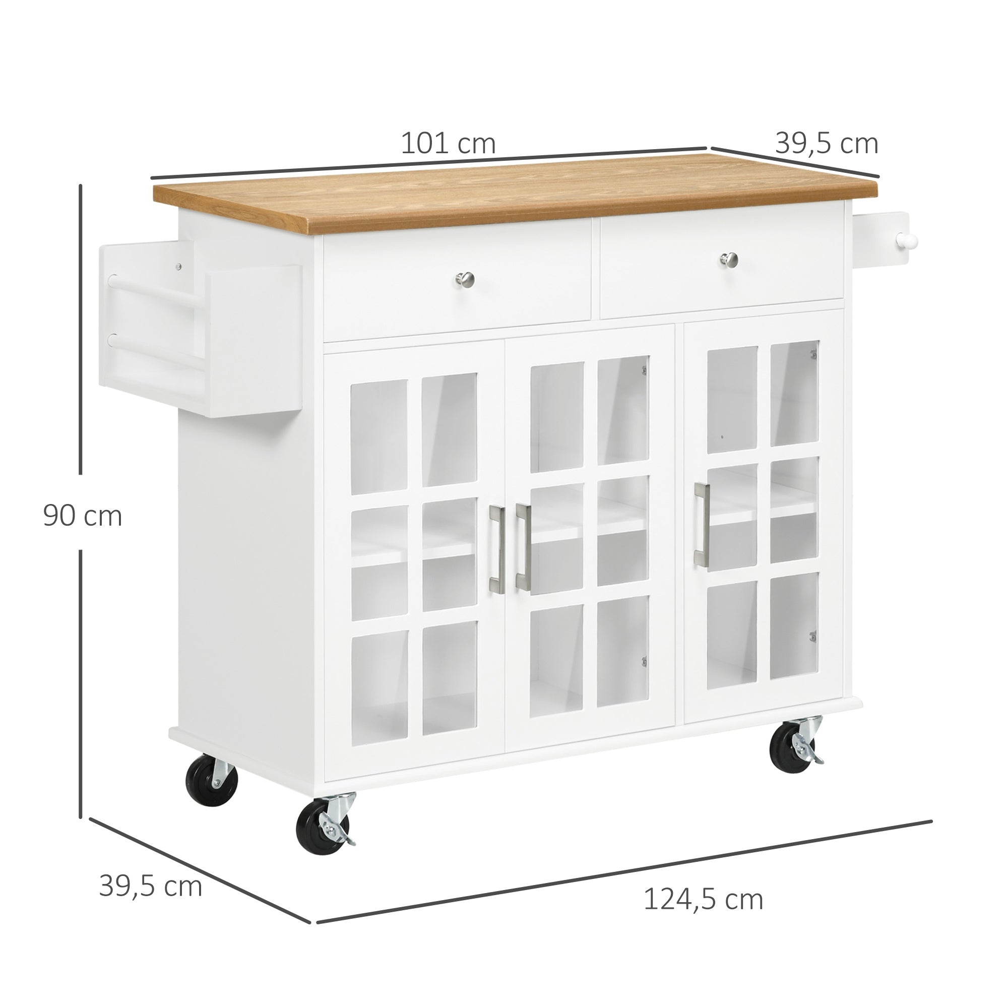Kitchen Cart Kitchen Island on Wheels Multifunctional with 2 Drawers 3 Glass Doors Towel Rack and Spice Rack 124.5x39.5x90 cm White