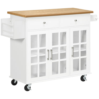 Kitchen Cart Kitchen Island on Wheels Multifunctional with 2 Drawers 3 Glass Doors Towel Rack and Spice Rack 124.5x39.5x90 cm White