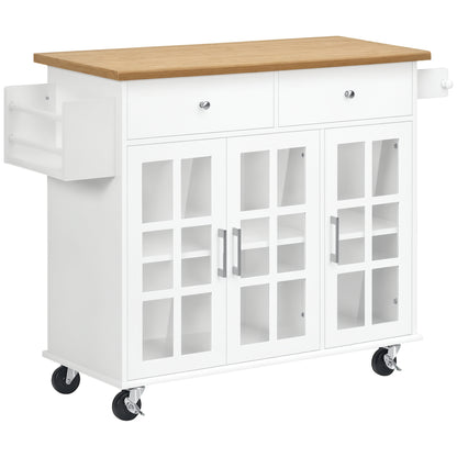 Kitchen Cart Kitchen Island on Wheels Multifunctional with 2 Drawers 3 Glass Doors Towel Rack and Spice Rack 124.5x39.5x90 cm White