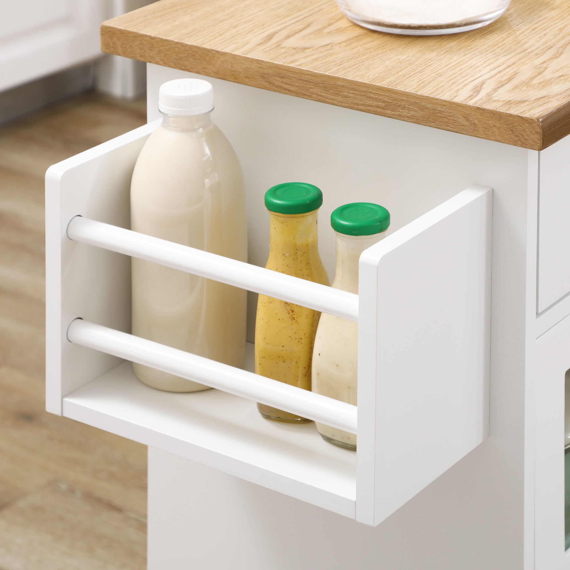 Kitchen Cart Kitchen Island on Wheels Multifunctional with 2 Drawers 3 Glass Doors Towel Rack and Spice Rack 124.5x39.5x90 cm White