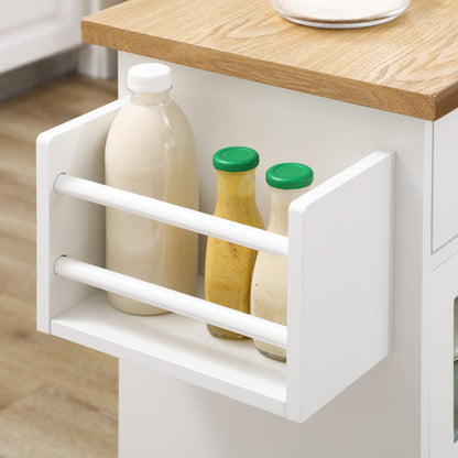 Kitchen Cart Kitchen Island on Wheels Multifunctional with 2 Drawers 3 Glass Doors Towel Rack and Spice Rack 124.5x39.5x90 cm White
