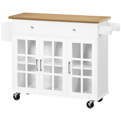 Kitchen Cart Kitchen Island on Wheels Multifunctional with 2 Drawers 3 Glass Doors Towel Rack and Spice Rack 124.5x39.5x90 cm White