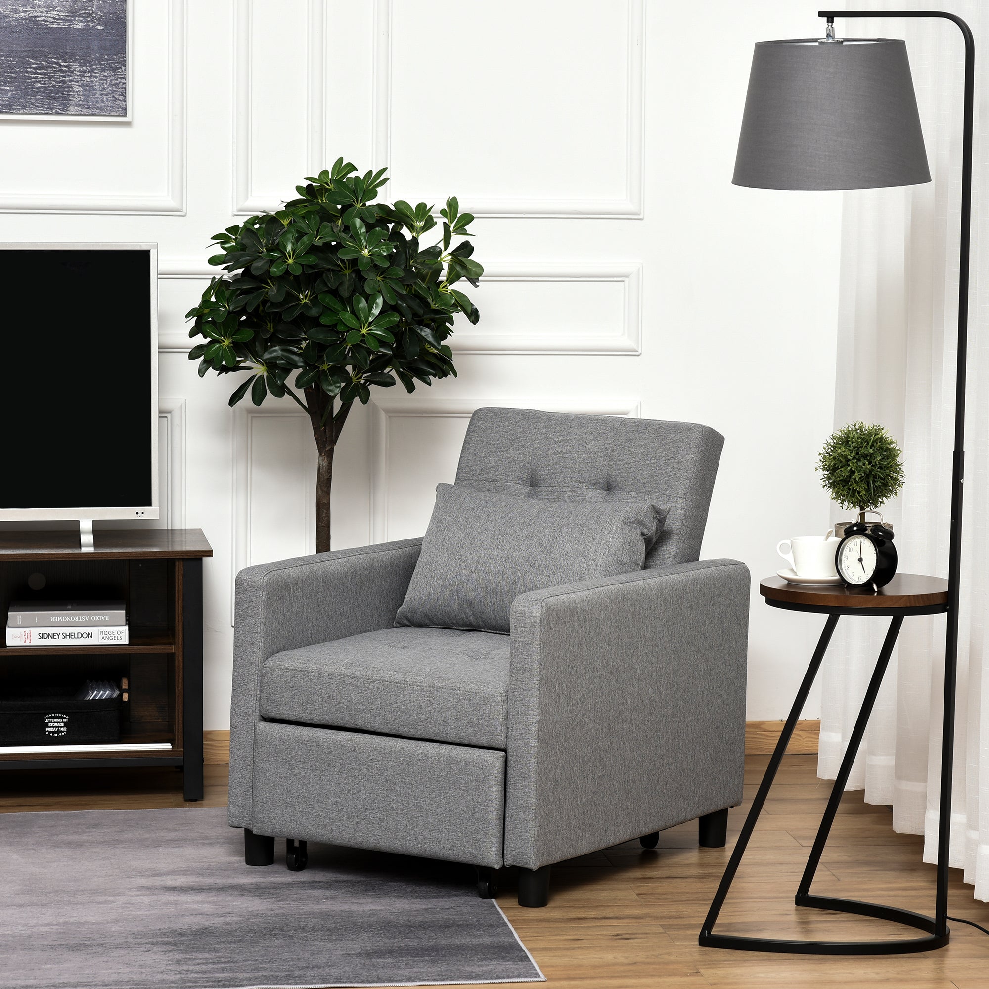 3-in-1 Single Sofa Bed Upholstered in Linen with 3-level Adjustable Backrest and Padded Pillow for Office Bedroom Living Room 69x82.5x84 cm Gray