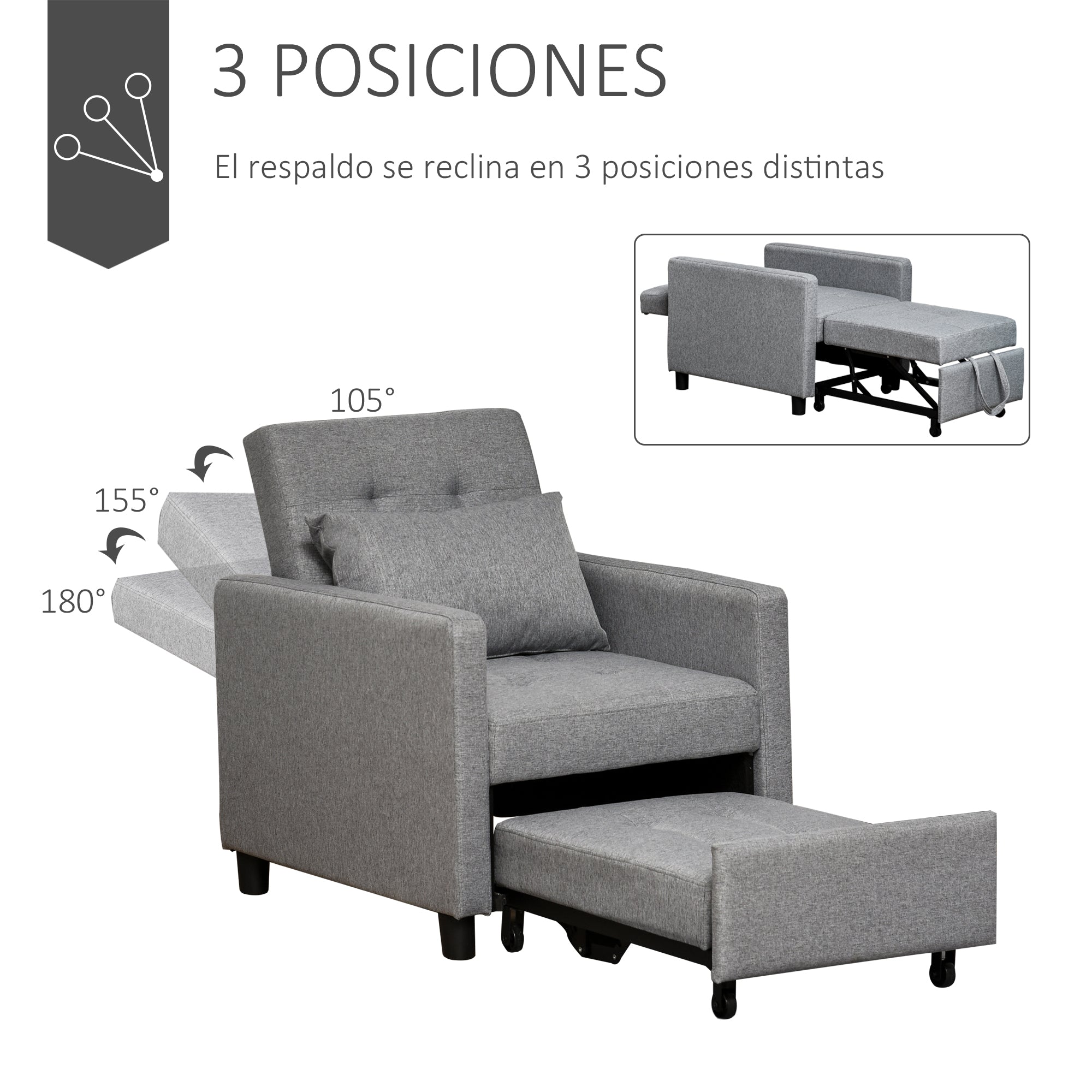 3-in-1 Single Sofa Bed Upholstered in Linen with 3-level Adjustable Backrest and Padded Pillow for Office Bedroom Living Room 69x82.5x84 cm Gray