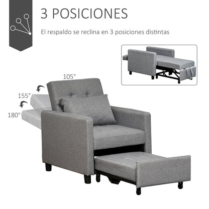 3-in-1 Single Sofa Bed Upholstered in Linen with 3-level Adjustable Backrest and Padded Pillow for Office Bedroom Living Room 69x82.5x84 cm Gray