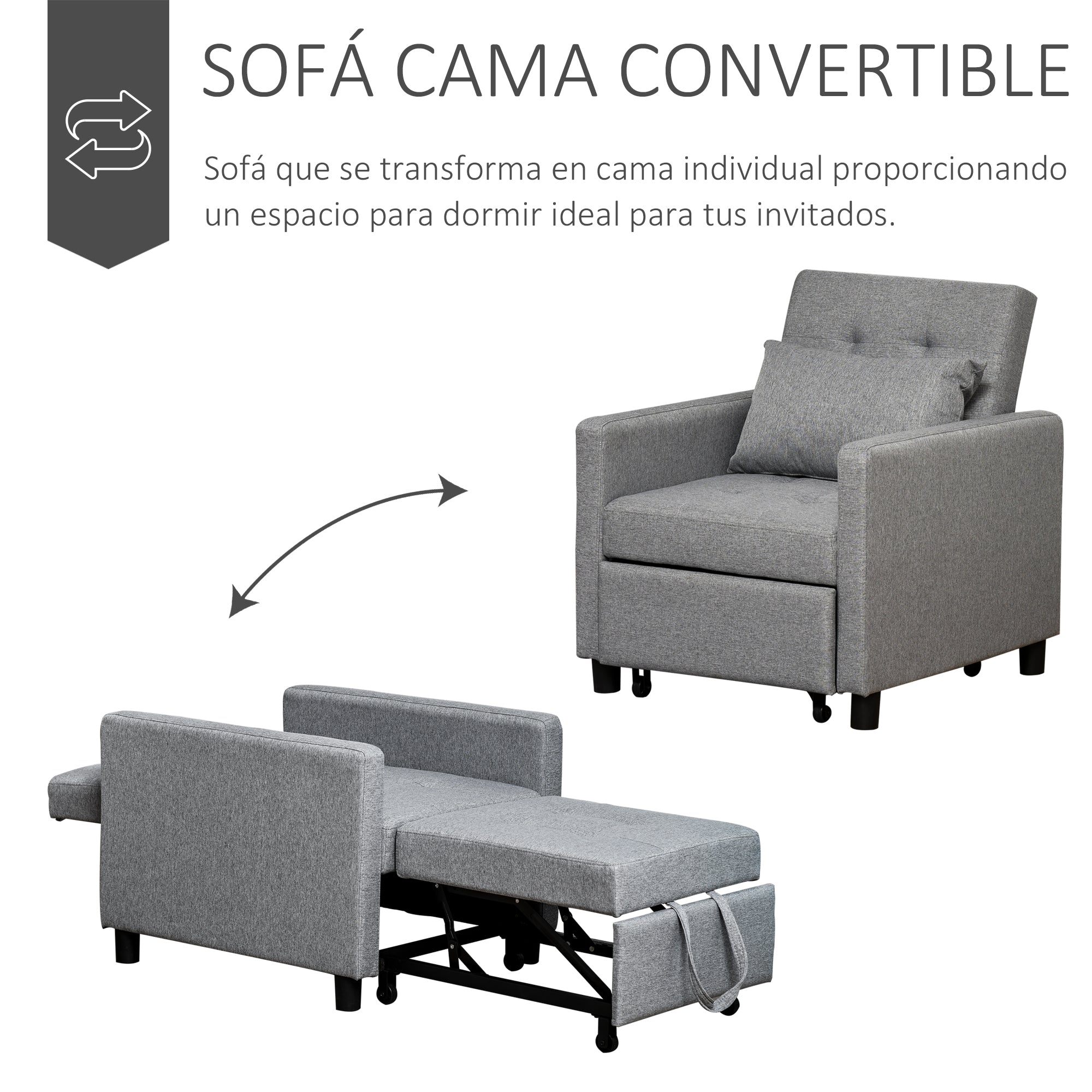 3-in-1 Single Sofa Bed Upholstered in Linen with 3-level Adjustable Backrest and Padded Pillow for Office Bedroom Living Room 69x82.5x84 cm Gray