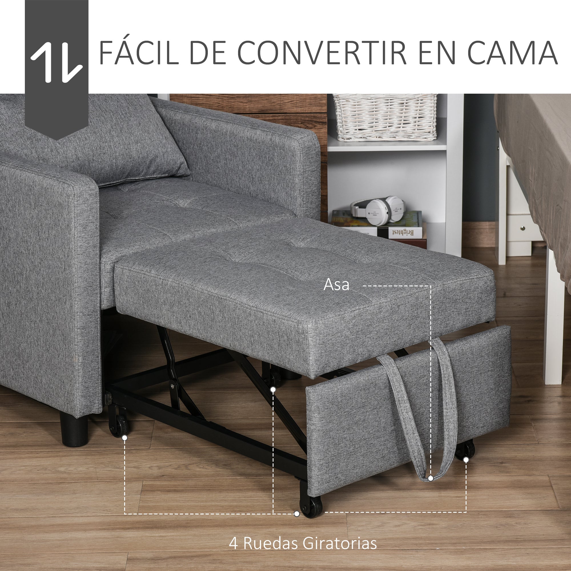 3-in-1 Single Sofa Bed Upholstered in Linen with 3-level Adjustable Backrest and Padded Pillow for Office Bedroom Living Room 69x82.5x84 cm Gray