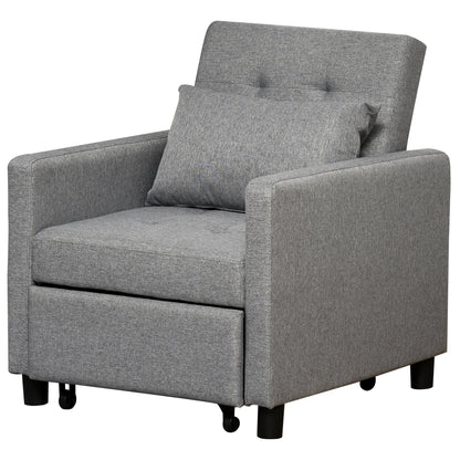 3-in-1 Single Sofa Bed Upholstered in Linen with 3-level Adjustable Backrest and Padded Pillow for Office Bedroom Living Room 69x82.5x84 cm Gray