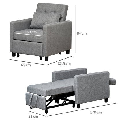 3-in-1 Single Sofa Bed Upholstered in Linen with 3-level Adjustable Backrest and Padded Pillow for Office Bedroom Living Room 69x82.5x84 cm Gray