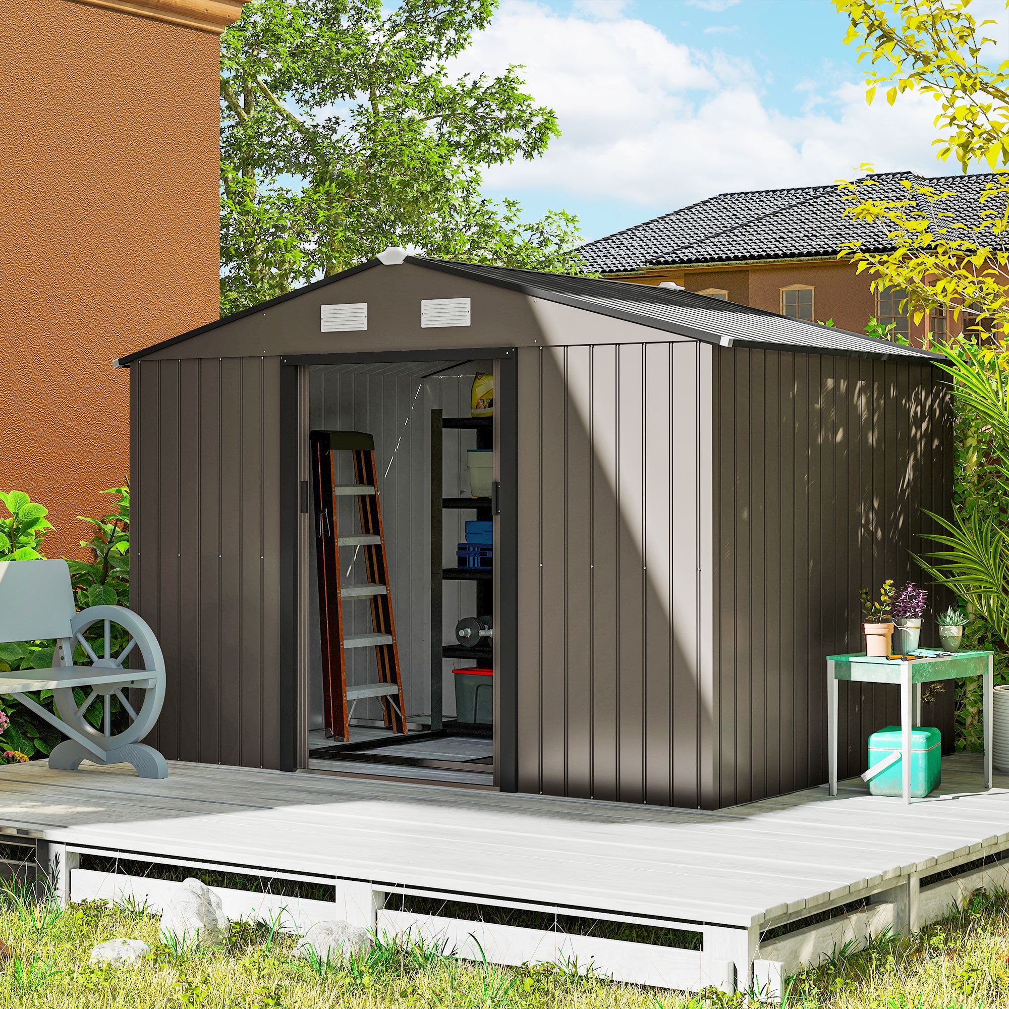 XXL Galvanized Steel Garden Shed 5.4 m² (58 sq ft) with Foundation Kit, 277 x 195 x 192 cm (9 ft 1 in x 6 ft 5 in x 6 ft 4 in), Outdoor Tool Storage Shed with Lockable Sliding Doors & 4 Vents, Brown