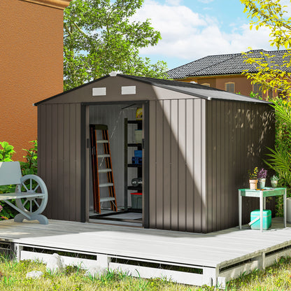 XXL Galvanized Steel Garden Shed 5.4 m² (58 sq ft) with Foundation Kit, 277 x 195 x 192 cm (9 ft 1 in x 6 ft 5 in x 6 ft 4 in), Outdoor Tool Storage Shed with Lockable Sliding Doors & 4 Vents, Brown
