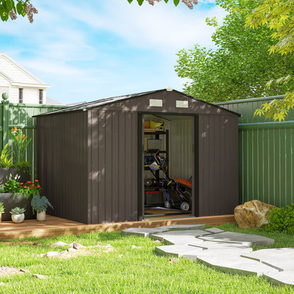 XXL Galvanized Steel Garden Shed 5.4 m² (58 sq ft) with Foundation Kit, 277 x 195 x 192 cm (9 ft 1 in x 6 ft 5 in x 6 ft 4 in), Outdoor Tool Storage Shed with Lockable Sliding Doors & 4 Vents, Brown