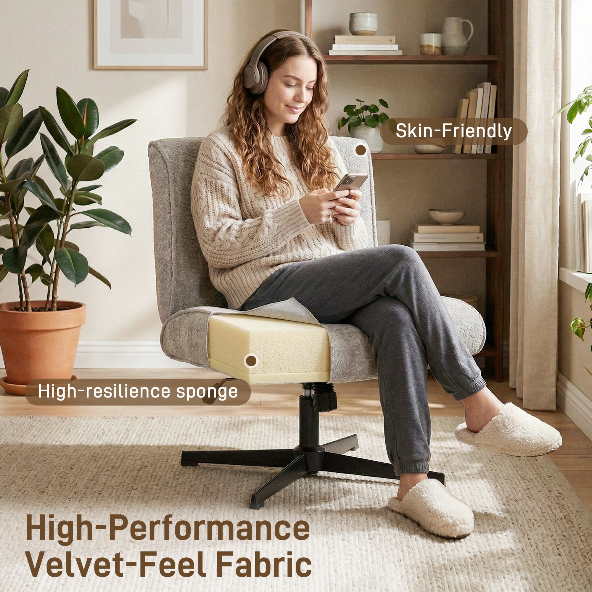 Swivel Lounge Chair, Velvet-Look Height-Adjustable Accent Chair with Steel Cross Base, Padded Reading Chair for Living Room & Bedroom, Gray