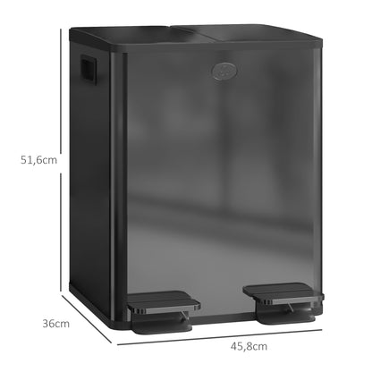 Dual 2 x 20L Stainless Steel Trash Can — Soft-Close Lids, Removable Inner Buckets, Black
