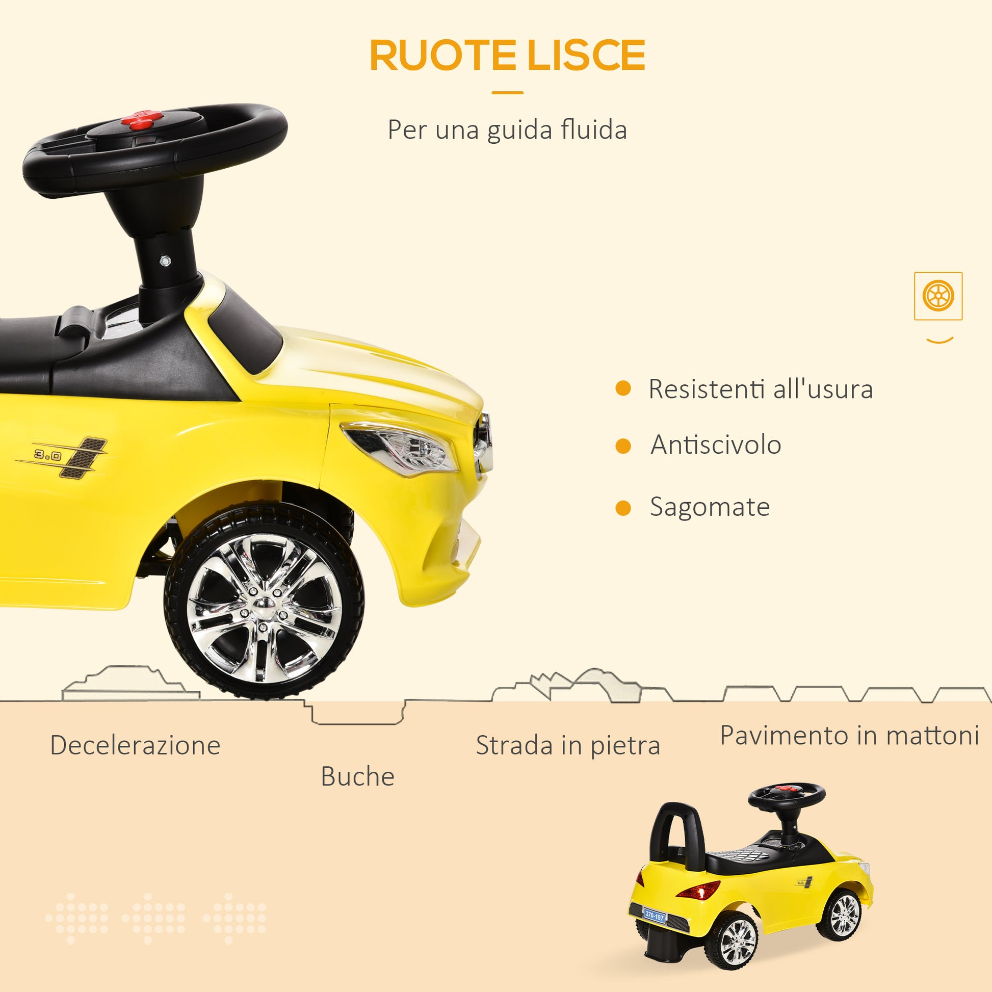 Ride-On Car for Kids with Steering Wheel, Headlights, and Integrated Music, Car for Kids in PP and Metal, 63.5x28x36 cm, Yellow