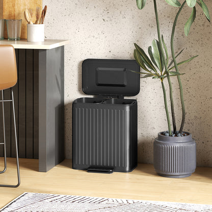 40L Dual-Compartment Step Trash Can — 2 x 20L Removable Inner Buckets, Soft-Close Lid & Hold-Open, Fingerprint-Resistant — Black