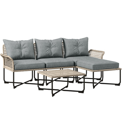 5-Piece Gray Synthetic Rattan Garden Furniture Set Outdoor Garden Includes 2 Corner Sofas, 1 Outdoor Sofa, 1 Footstool, 1 Coffee Table with Cushions
