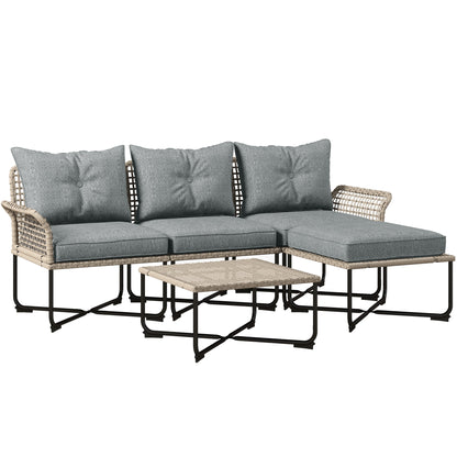 5-Piece Gray Synthetic Rattan Garden Furniture Set Outdoor Garden Includes 2 Corner Sofas, 1 Outdoor Sofa, 1 Footstool, 1 Coffee Table with Cushions