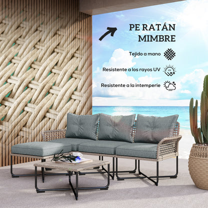 5-Piece Gray Synthetic Rattan Garden Furniture Set Outdoor Garden Includes 2 Corner Sofas, 1 Outdoor Sofa, 1 Footstool, 1 Coffee Table with Cushions