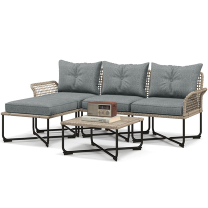 5-Piece Gray Synthetic Rattan Garden Furniture Set Outdoor Garden Includes 2 Corner Sofas, 1 Outdoor Sofa, 1 Footstool, 1 Coffee Table with Cushions