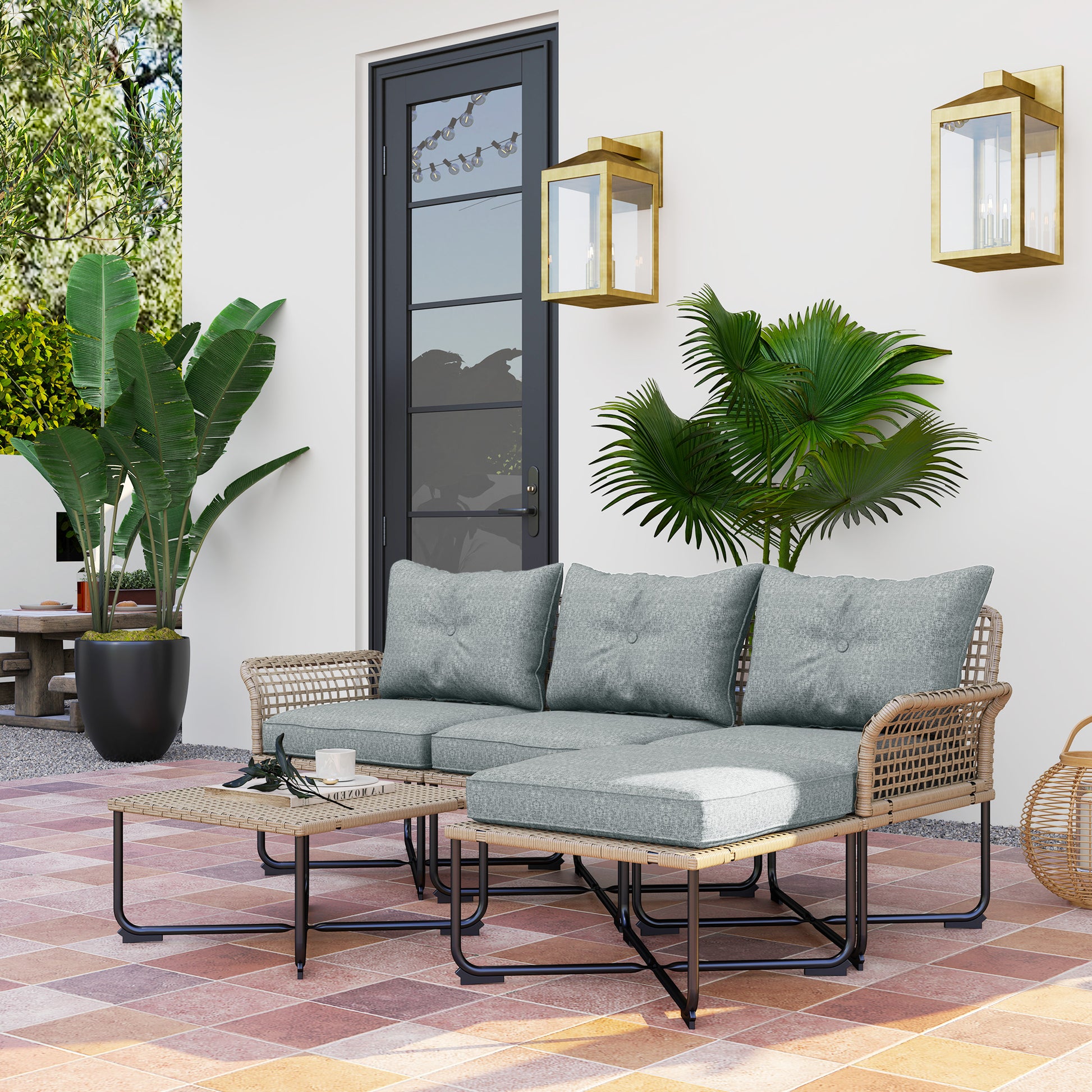 5-Piece Gray Synthetic Rattan Garden Furniture Set Outdoor Garden Includes 2 Corner Sofas, 1 Outdoor Sofa, 1 Footstool, 1 Coffee Table with Cushions