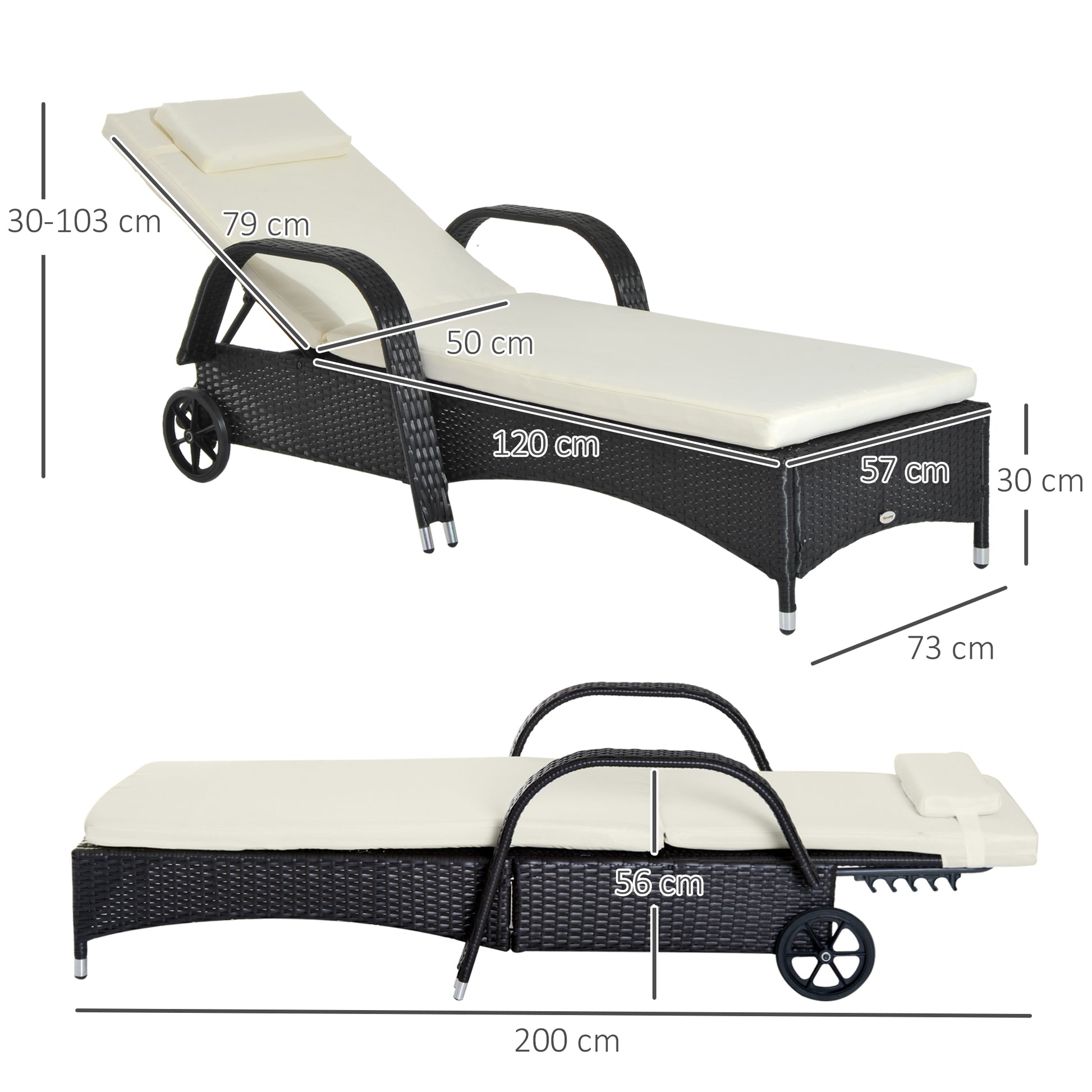 Poly Rattan Sun Lounger with 5-Position Adjustable Backrest, Cushion Pad, Wheels, Pillow, 160 kg Load Capacity Reclining Chair for Garden, 200x73x30-103cm, Black