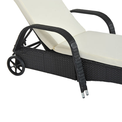 Poly Rattan Sun Lounger with 5-Position Adjustable Backrest, Cushion Pad, Wheels, Pillow, 160 kg Load Capacity Reclining Chair for Garden, 200x73x30-103cm, Black