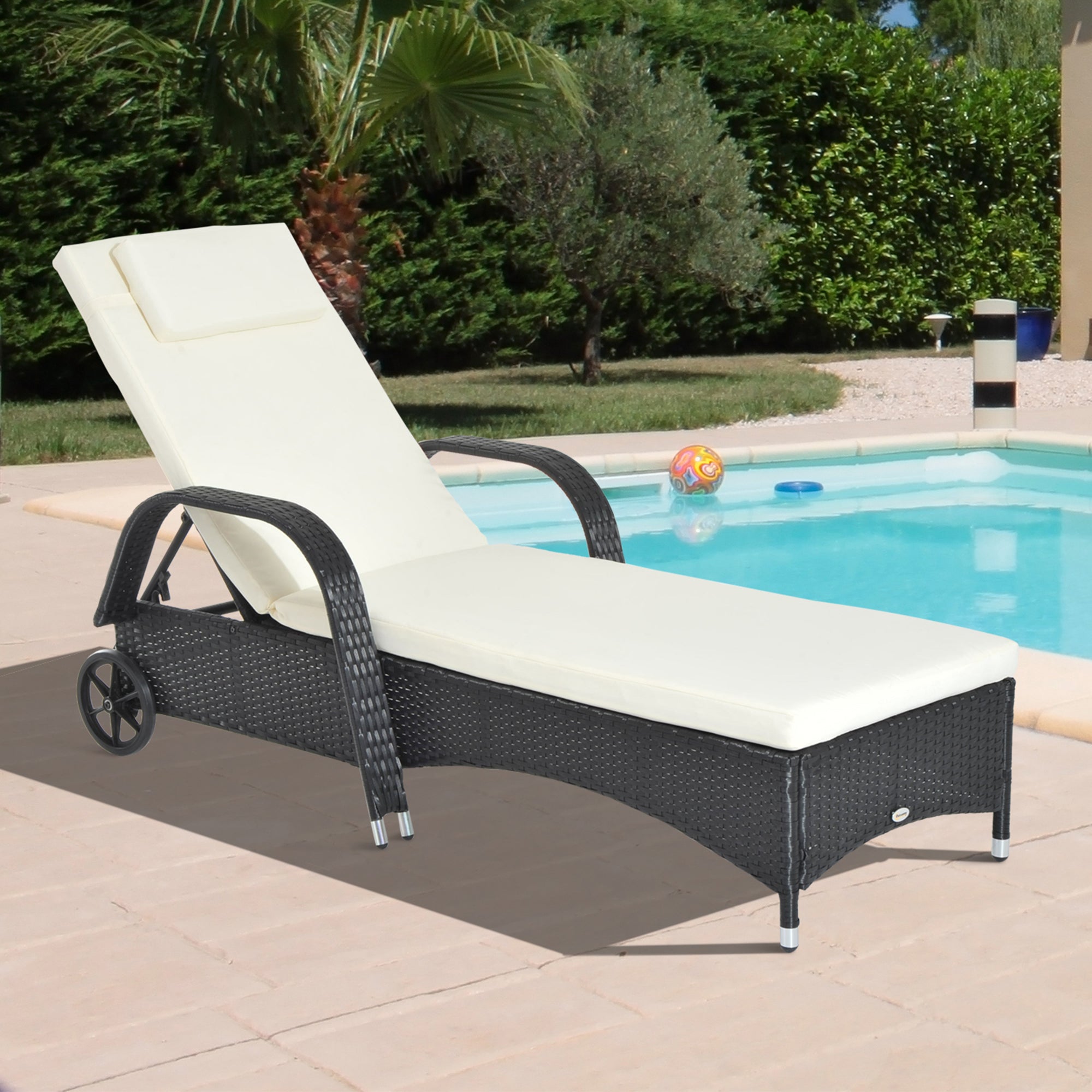 Poly Rattan Sun Lounger with 5-Position Adjustable Backrest, Cushion Pad, Wheels, Pillow, 160 kg Load Capacity Reclining Chair for Garden, 200x73x30-103cm, Black