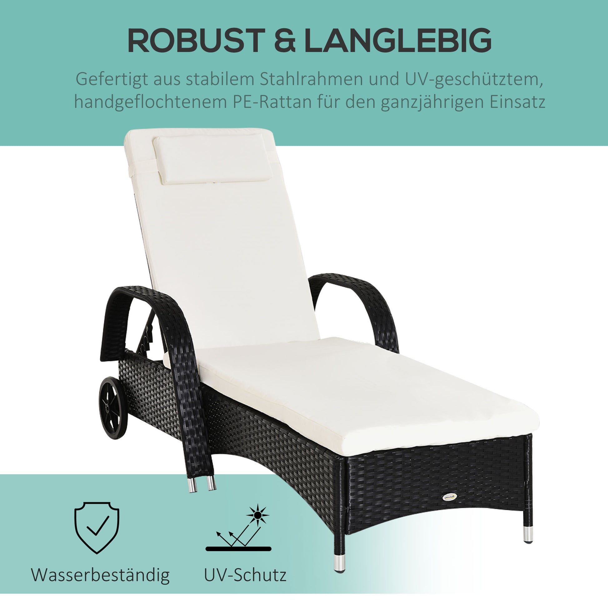 Poly Rattan Sun Lounger with 5-Position Adjustable Backrest, Cushion Pad, Wheels, Pillow, 160 kg Load Capacity Reclining Chair for Garden, 200x73x30-103cm, Black