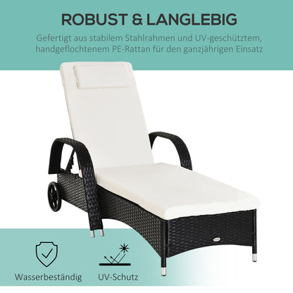 Poly Rattan Sun Lounger with 5-Position Adjustable Backrest, Cushion Pad, Wheels, Pillow, 160 kg Load Capacity Reclining Chair for Garden, 200x73x30-103cm, Black
