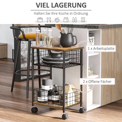 Kitchen Cart Trolley with 3 Levels Serving Cart with Worktop and 2 Storage Baskets, Kitchen Shelf on Wheels, Storage Cart for Kitchen Bathroom Office Living Room Rustic Brown
