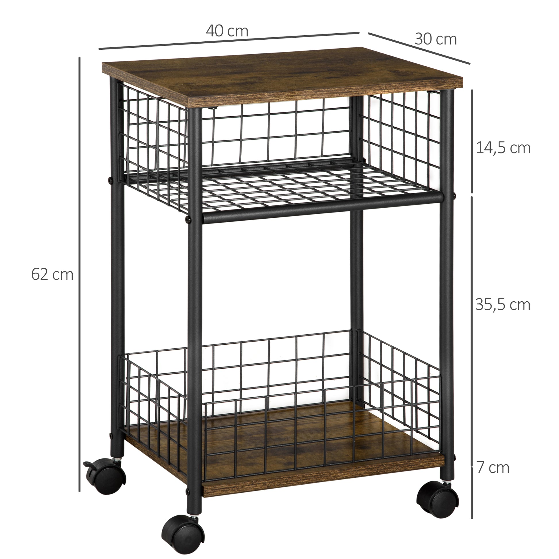 Kitchen Cart Trolley with 3 Levels Serving Cart with Worktop and 2 Storage Baskets, Kitchen Shelf on Wheels, Storage Cart for Kitchen Bathroom Office Living Room Rustic Brown