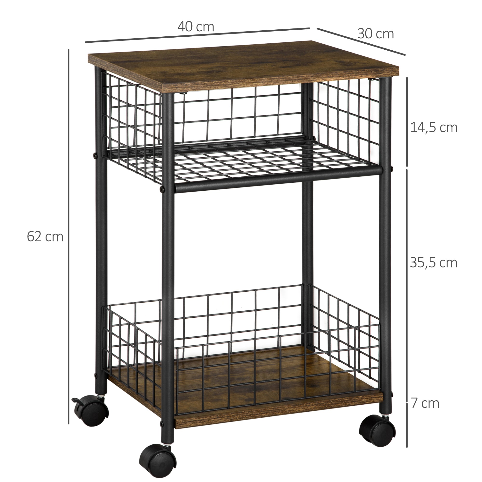 Kitchen Cart Trolley with 3 Levels Serving Cart with Worktop and 2 Storage Baskets, Kitchen Shelf on Wheels, Storage Cart for Kitchen Bathroom Office Living Room Rustic Brown