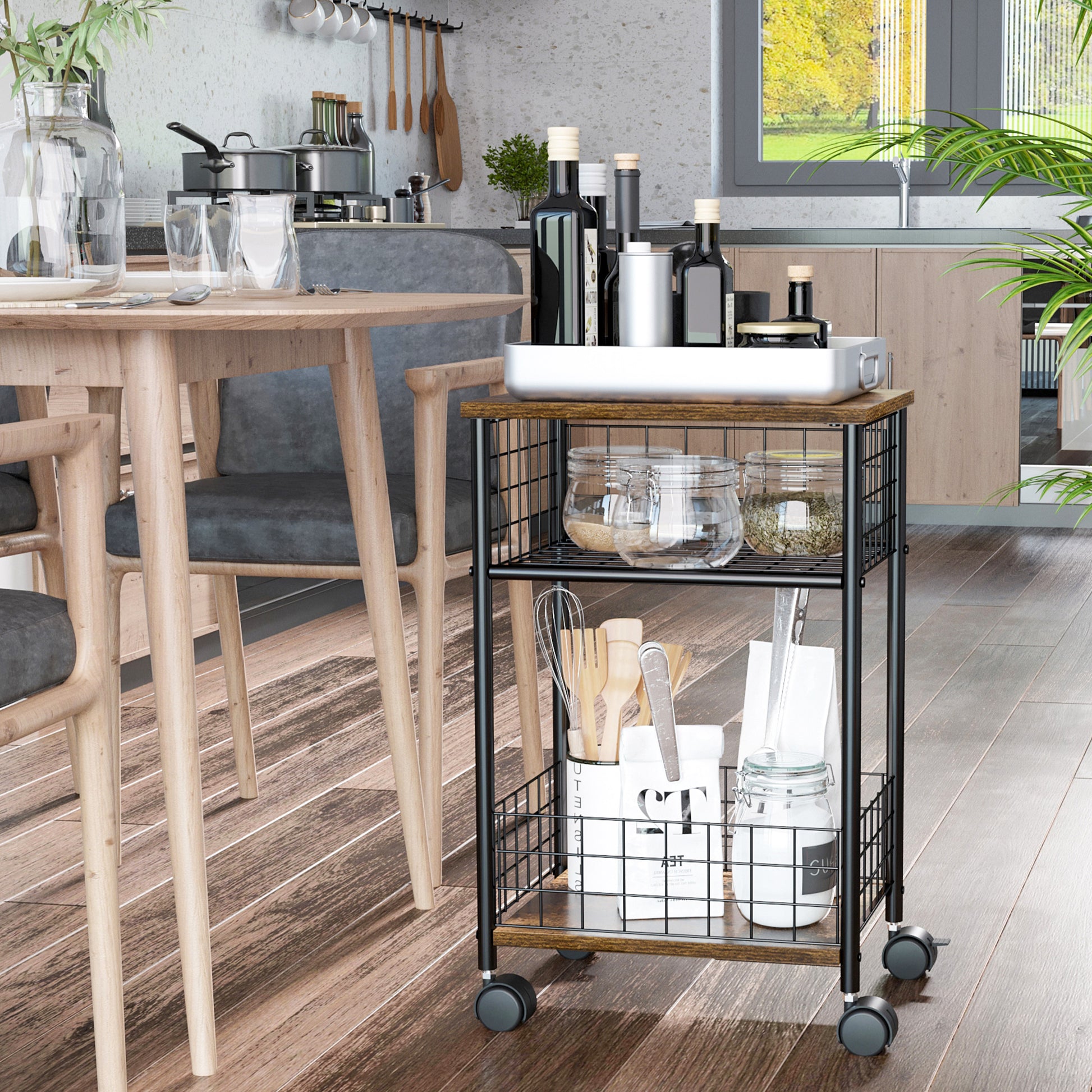 Kitchen Cart Trolley with 3 Levels Serving Cart with Worktop and 2 Storage Baskets, Kitchen Shelf on Wheels, Storage Cart for Kitchen Bathroom Office Living Room Rustic Brown