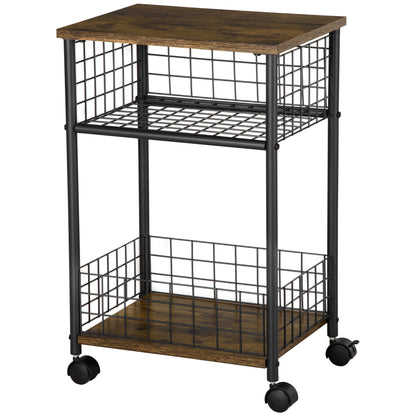 Kitchen Cart Trolley with 3 Levels Serving Cart with Worktop and 2 Storage Baskets, Kitchen Shelf on Wheels, Storage Cart for Kitchen Bathroom Office Living Room Rustic Brown