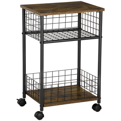 Kitchen Cart Trolley with 3 Levels Serving Cart with Worktop and 2 Storage Baskets, Kitchen Shelf on Wheels, Storage Cart for Kitchen Bathroom Office Living Room Rustic Brown
