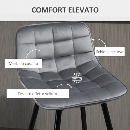 Set of 2 High Stools in Nordic Style with Backrest and Footrest, Stools with Velvet Effect Fabric and Metal, 45x47x88 cm, Gray