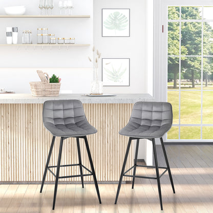 Set of 2 High Stools in Nordic Style with Backrest and Footrest, Stools with Velvet Effect Fabric and Metal, 45x47x88 cm, Gray
