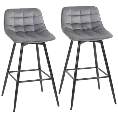 Set of 2 High Stools in Nordic Style with Backrest and Footrest, Stools with Velvet Effect Fabric and Metal, 45x47x88 cm, Gray