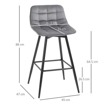 Set of 2 High Stools in Nordic Style with Backrest and Footrest, Stools with Velvet Effect Fabric and Metal, 45x47x88 cm, Gray