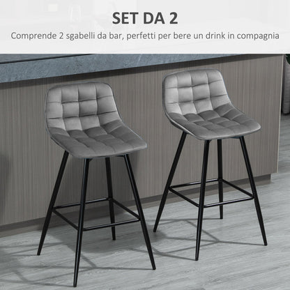 Set of 2 High Stools in Nordic Style with Backrest and Footrest, Stools with Velvet Effect Fabric and Metal, 45x47x88 cm, Gray